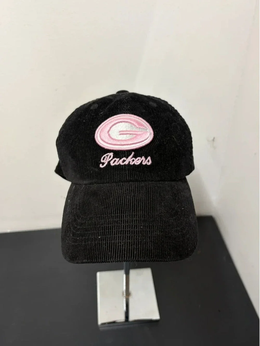 Green Bay Packers Black Corduroy Baseball Hat - Pink & White Embroidered Logo